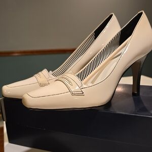Cream Loafer-Style Heels with Penny Slot Detail